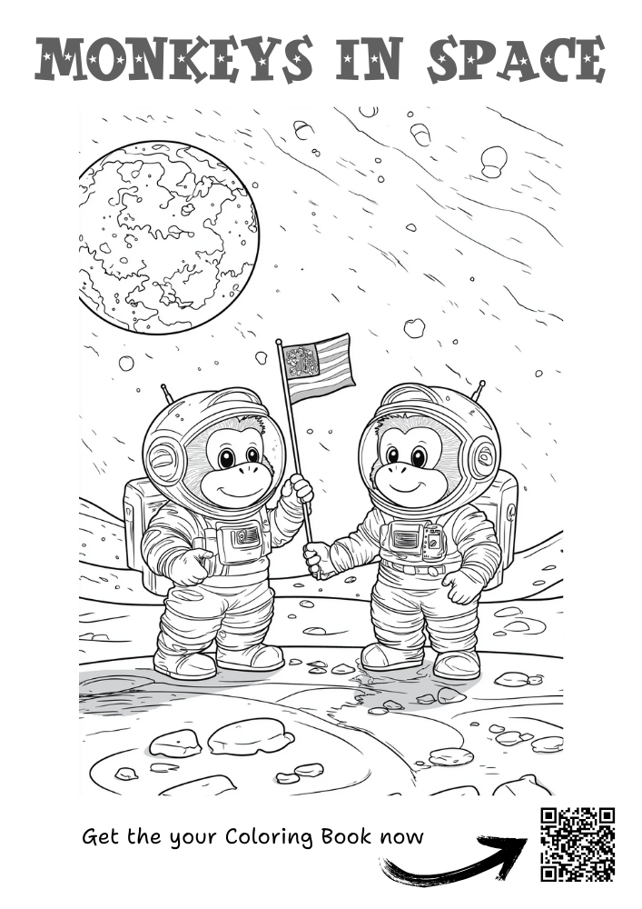 Two monkeys in space holding a flag
